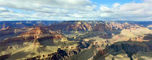 A beautiful view of the south Grand Canyon with perfect lighting and cloud shadows.